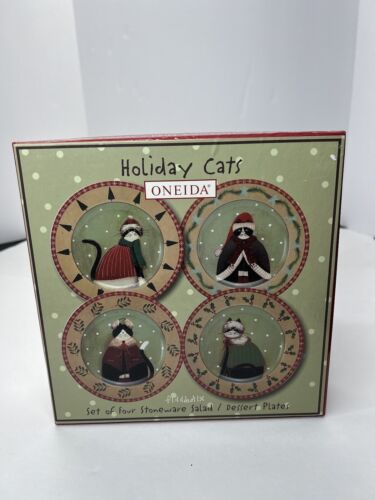 Fiddlestix Oneida Holiday Cats Set of Stoneware Four Salad Dessert Plates - Picture 1 of 12