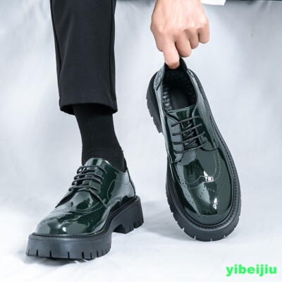 British Men's Platform Wing Tip Carved Dress Formal Wedding Shoes Shiny Leather