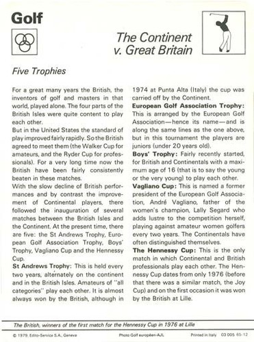 GREAT BRITAIN GOLF TEAM 1979 Sportscaster card #65-12 (Hi Number) - Picture 2 of 2