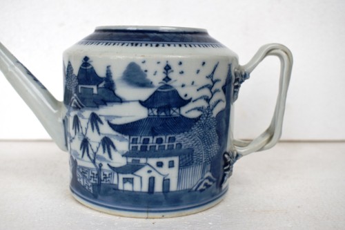 Antique Blue And White Chinese Teapot Long Spout With Hand Painted Scenic Design - Picture 2 of 16