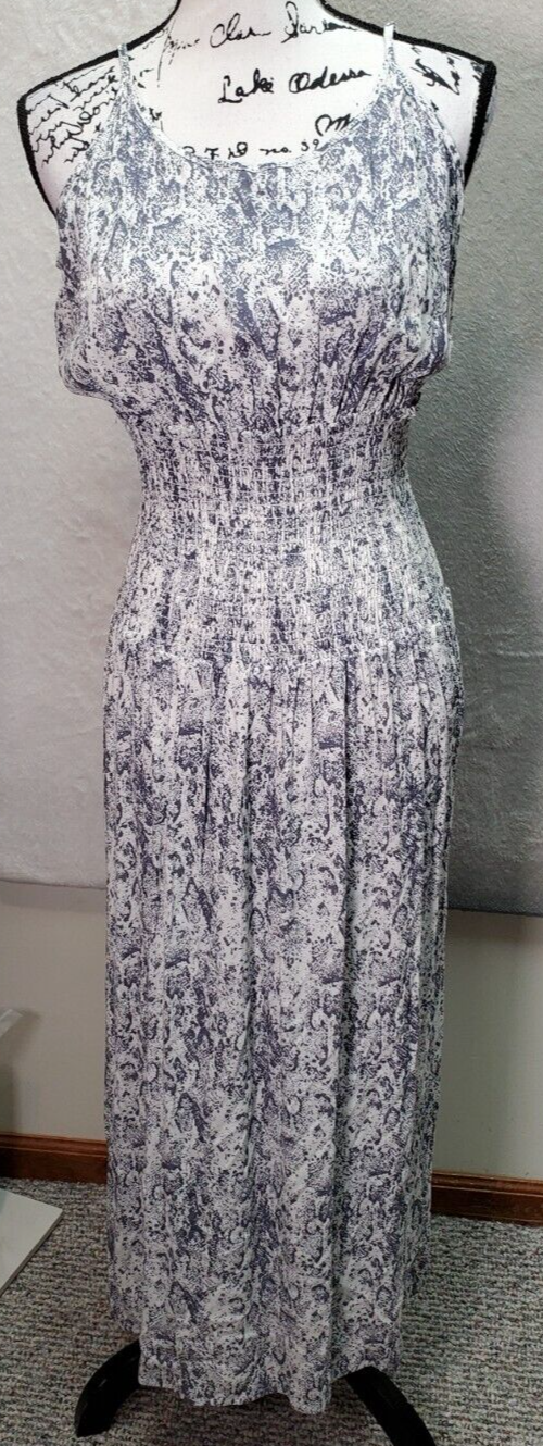 Olivaceous Maxi Dress Womens Medium White Gray Snake Skin Ruched Rayon Open Back-image