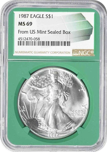 1987 American Silver Eagle Dollar MS69 NGC Green Core ^