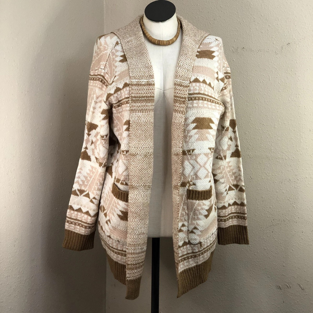 SONOMA L Hooded Cardigan Cream Earth Tones Geometric Open Front Lapel Casual