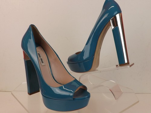 NIB MIU MIU 5KP267 TURQUOISE PATENT LEATHER SILVER HEEL PLATFORM PUMPS 39 - Picture 8 of 12