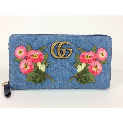 GUCCI GG Marmont Zip Around Wallet Denim Blue Floral Embroidery