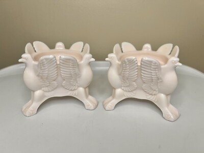 2 VNTG 1950s JEANNETTE LOMBARDI SHELL PINK MILK GLASS EAGLE DOVE CANDLE HOLDERS