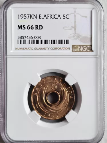 British East Africa 5 Cents 1957KN NGC MS 66 RD