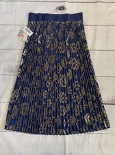 LuLaRoe Jill Skirt Womens Small Navy Gold Metalic Print Pleated Elastic Waist