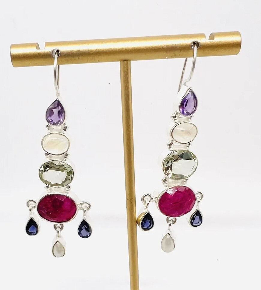 Large Sterling Silver Ruby & Multi Gemstone Drop … - image 6