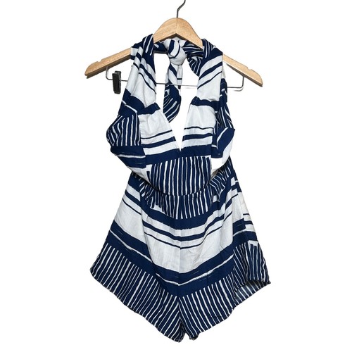 Lulus Delphi romper women's size M blue white striped V-neck strapless front tie - Picture 2 of 11