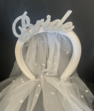 Bride Headband W/ Veil White Pearls Wedding Bridal Hair Shower Bachelorette