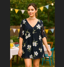 Soprano Cold Shoulder Dress MEDIUM Blue Floral Slit Tie Sleeves Flowy USA NWT