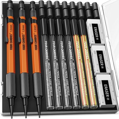 Four Candies 3PCS 1.3mm Mechanical Pencil Set with 3-Pack, Black, Red, Yellow