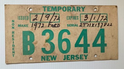 RARE NEW JERSEY NON RESIDENT TEMPORARY License Plate 1972 B 3644 AUTO DEALER?