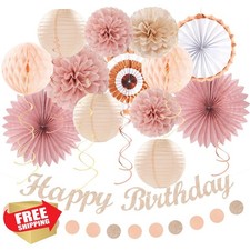 Blush Pink Rose Gold 21pc Fall Birthday Decor Banner Lanterns Streamers Pom Poms