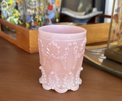 Jeanette Glass pink milk glass tumbler in the 'Inverted Fan and Feather' pattern