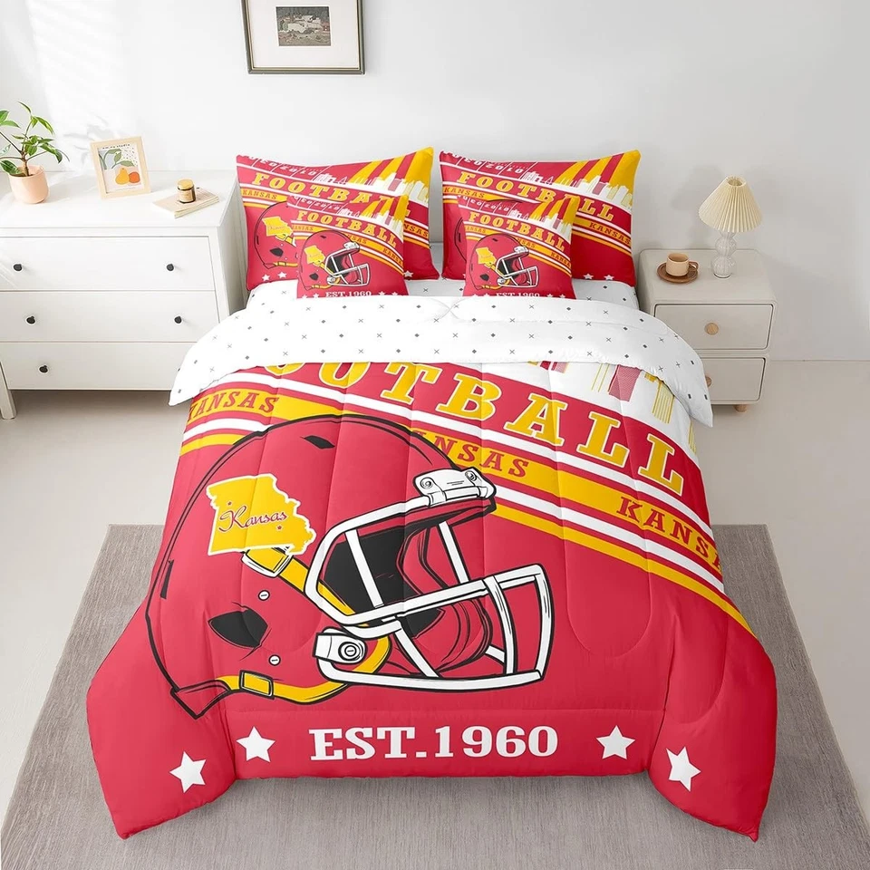 Juegos de cama dobles Football Lovers, juego de edredón decoración deportiva de fútbol rojo y... Foto 2 de 4