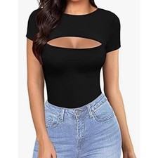 MANGOPOP Black Cutout Short Sleeve Thong Bodysuit Women's Large Cotton Spandex