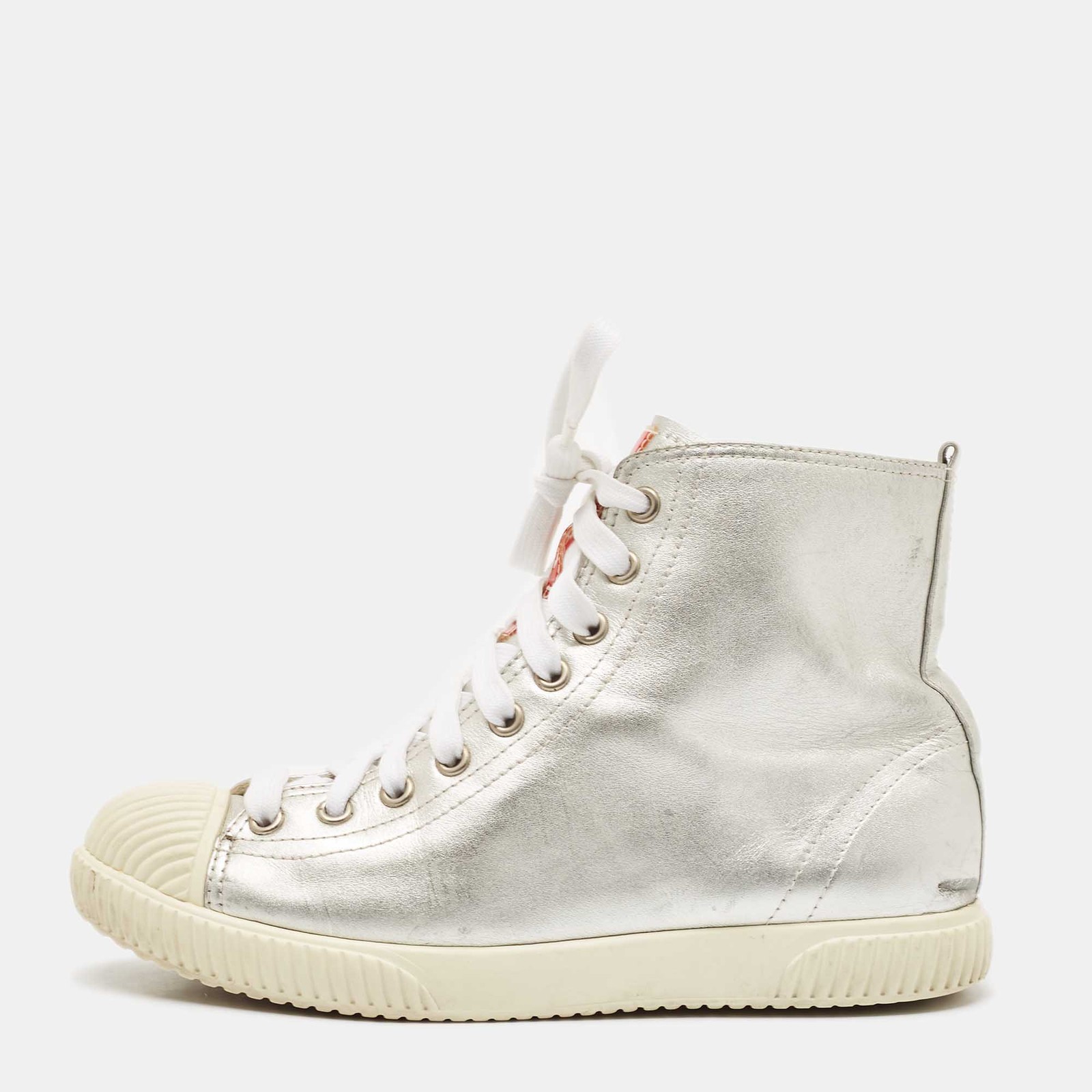 Prada Sport Silver Leather High Top Sneakers Size 37 EU