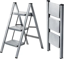 XinSunho 3 Step Ladder, Folding Stool with Anti-Slip Wide Pedal, Gray 