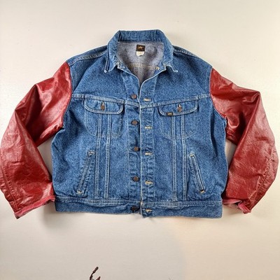  True Vintage Rare Lee Denim Jacket  + Red Leather Hybrid USA  XL 70s Trucker