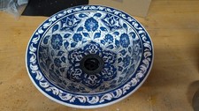 Hand Painted Ceramic Sink Bowl Basin Vanity Floral Blue - 25cm Diameter