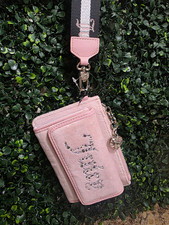 Juicy Couture Pink Wristlet Wallet Rhinestone Logo Strap Heart Charm Card/ID