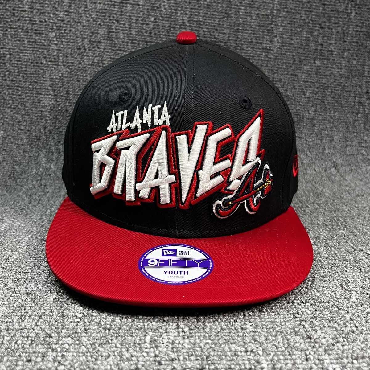 New Era 9FIFTY Atlanta Braves Youth Snapback Hat Black Red Script Tomahawk Cap