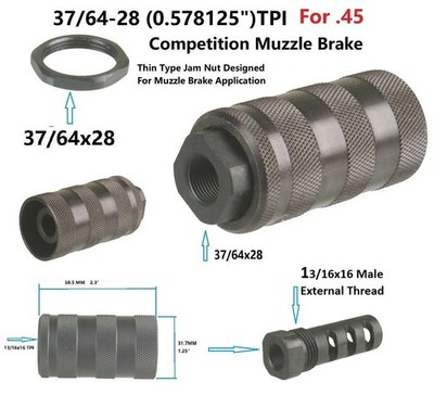 Steel 45 Muzzle Brake 37/64x28 TPI,13/16x16 Male Thread With Sound Forwarder