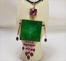 Pendentif Or Jaune 18 KT Tourmaline Rose Jade Carré Et Rubis OGDV 0188