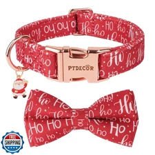 PTDECOR Christmas Dog Collar with Bowtie, Red HOHO Dog Bow Collar with Metal 