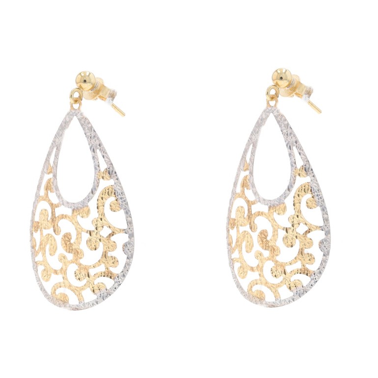Yellow Gold Scrollwork Teardrop Dangle Earrings -… - image 2
