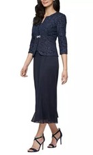 ALEX EVENINGS Chiffon Sequin Dress Jacket Set Navy Blue Formal 14 MOB