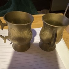 Pair of Vintage Etched Brass Footed Mugs with Curved Handles