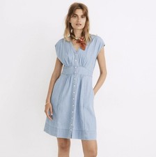 Madewell Denim Cap-Sleeve Button-Front Dress Sunwashed Indigo - Size - 8 - NWT