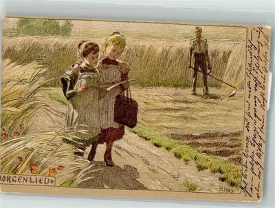10744199 - Lithograph Morning Song Man with Scythe, Children in the Cornfield Hey, Paul