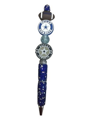 Dallas Cowboys Themed Glitter Pen With Football & Star Charms - Blue & Silver Ac