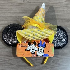 DISNEY Minnie Black Glitter Ears Yellow Witch Hat HEADBAND Halloween Costume