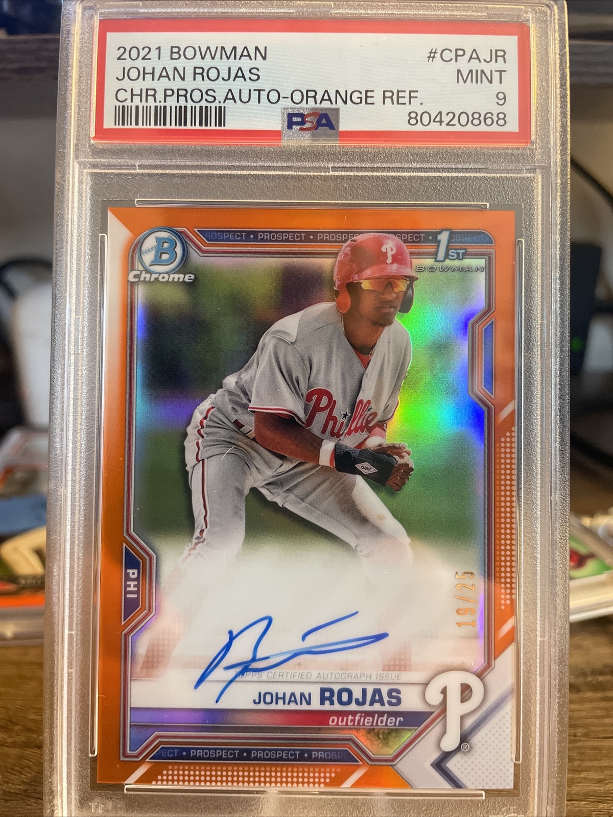 Johan Rojas 2021 Bowman Chrome 1st Auto Orange /25 Sp #CPAJR PSA 9 Mint Phillies