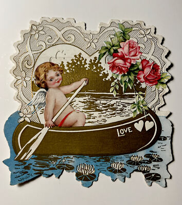 c. 1910 LOVE SAILBOAT in LILLY PAD Pond Valentine s Day Greeting Card CHERUB