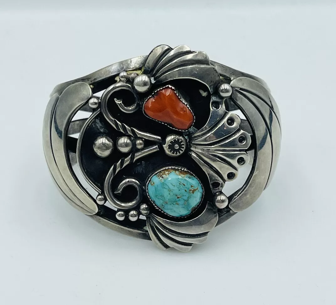 Vintage Navajo Sterling Silver Turquoise Coral Cuff Bracelet