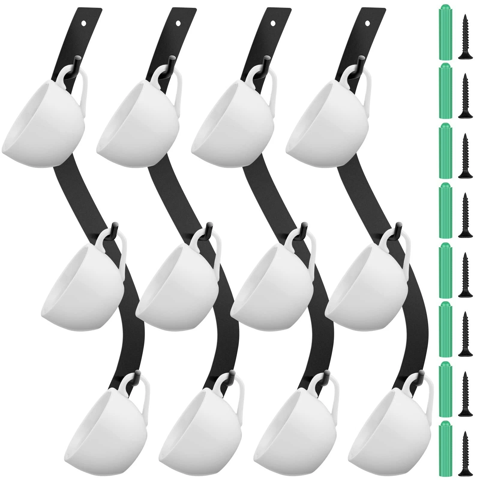 4 Pack Wall Mounted Metal Coffee Mug Holder with 12 Mug Hooks for Kitchen