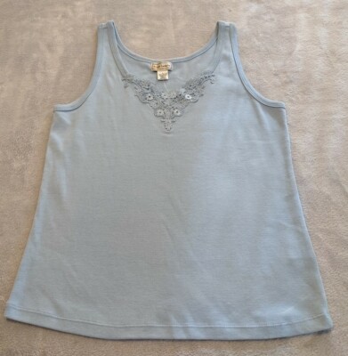 Anne Lewin Womens Large Tank Top Blue Crocheted Floral Cut Out Neck Line New