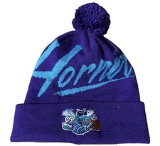 Charlotte Hornets Knit Beanie Hat Cuffed W/Pom Mitchell &Ness Script Design NBA