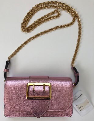 New BURBERRY Buckle Mini Soft Grain Metallic Leather Phone Bag