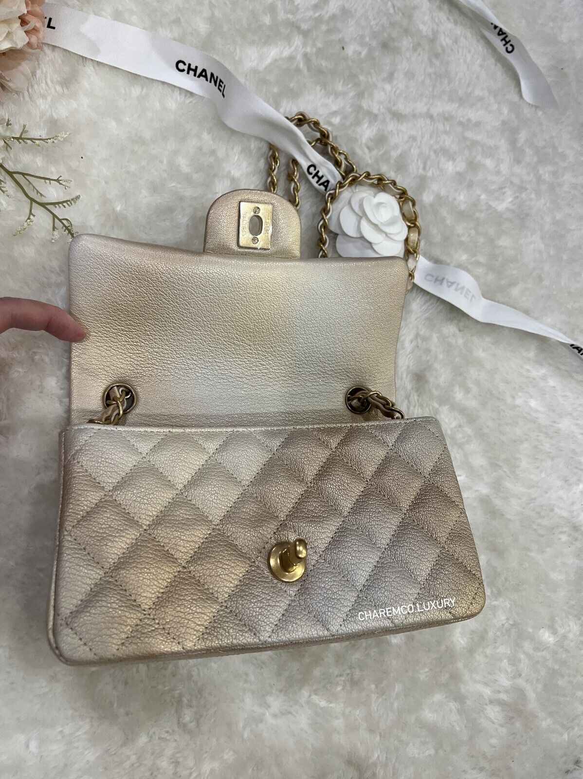 🦄 22C CHANEL Classic Mini Rectangle Iridescent Goatskin Glitter Beige Gold  Bag