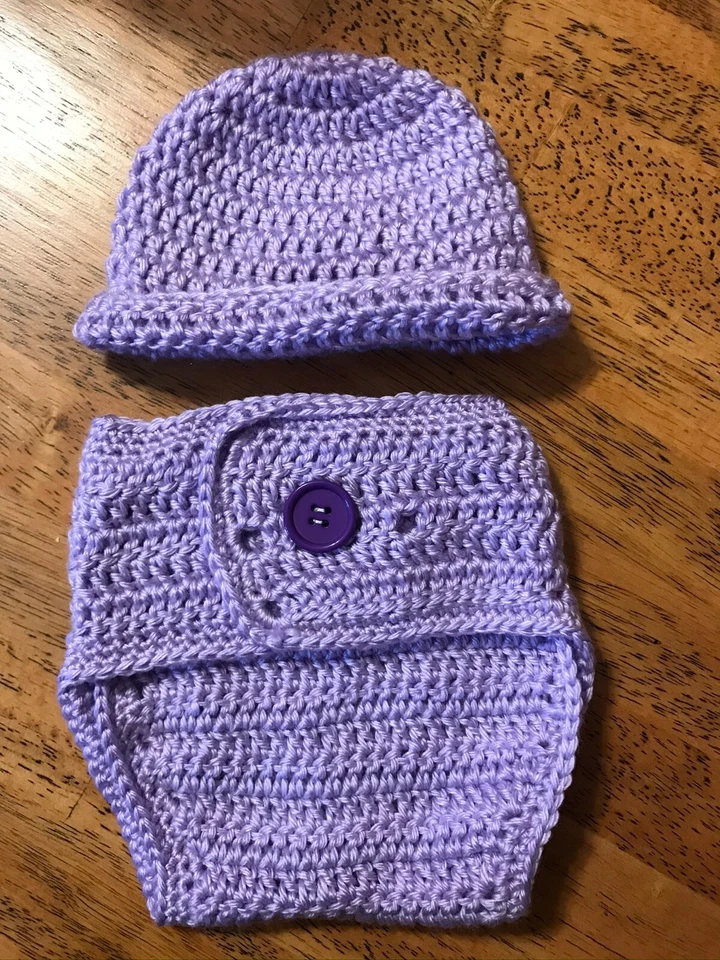 Baby Hat&Diaper Cover Set 3-6mo Pink-Blue-White-Purple-Cream, Crocheted Handmade - Image 2 of 4