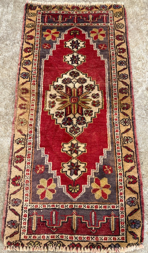 Vintage Hand Made Traditional Rug Oriental Wool Multicolor Carpet 108x50 cm