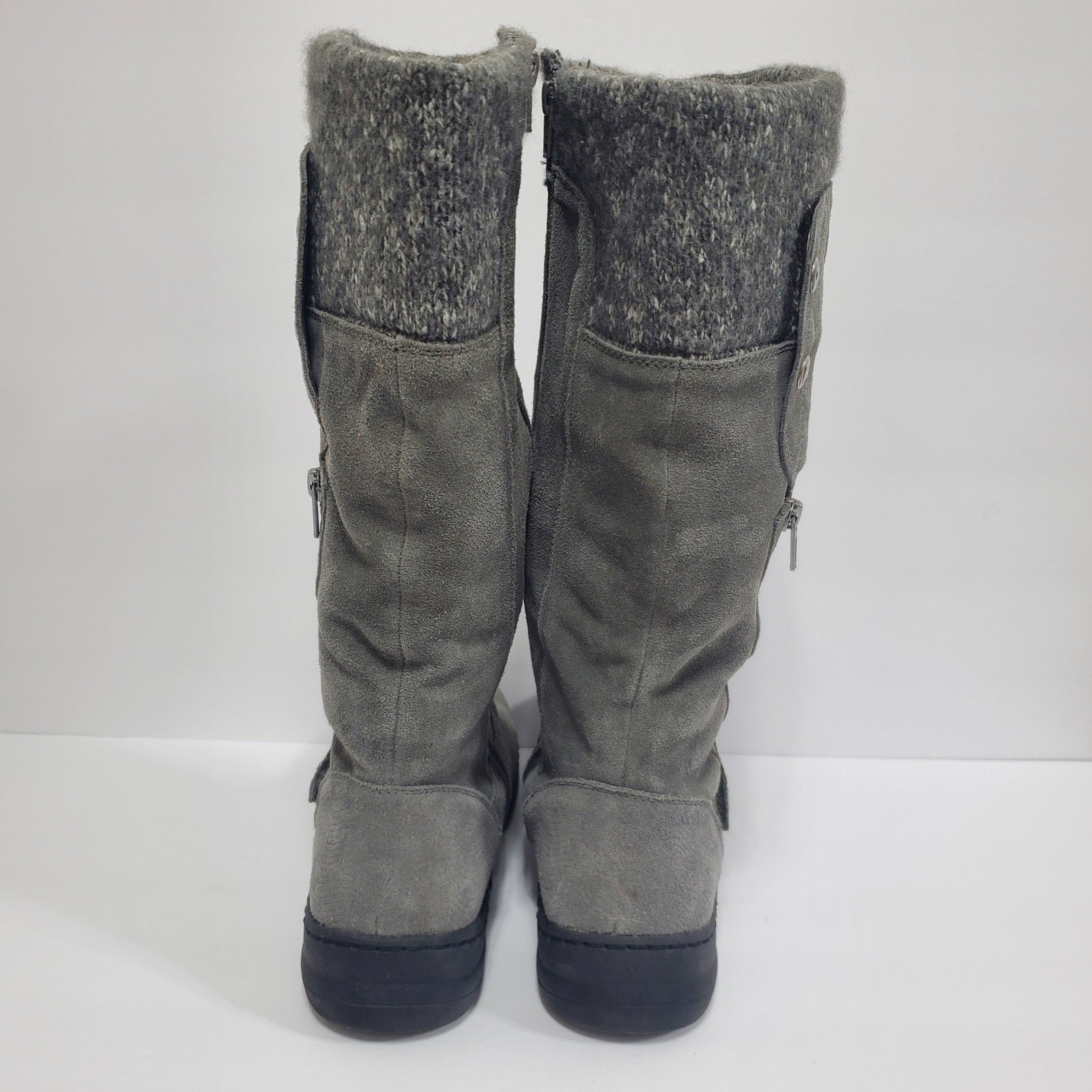 Baretraps Womens 9 Gray Suede Knit Cuff Boots Side Zip Buckle Detail Winter Warm