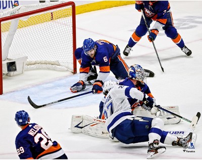 Ryan Pulock Islanders Unsigned Game 4 Game-Preserving Save vs Lightning Photo